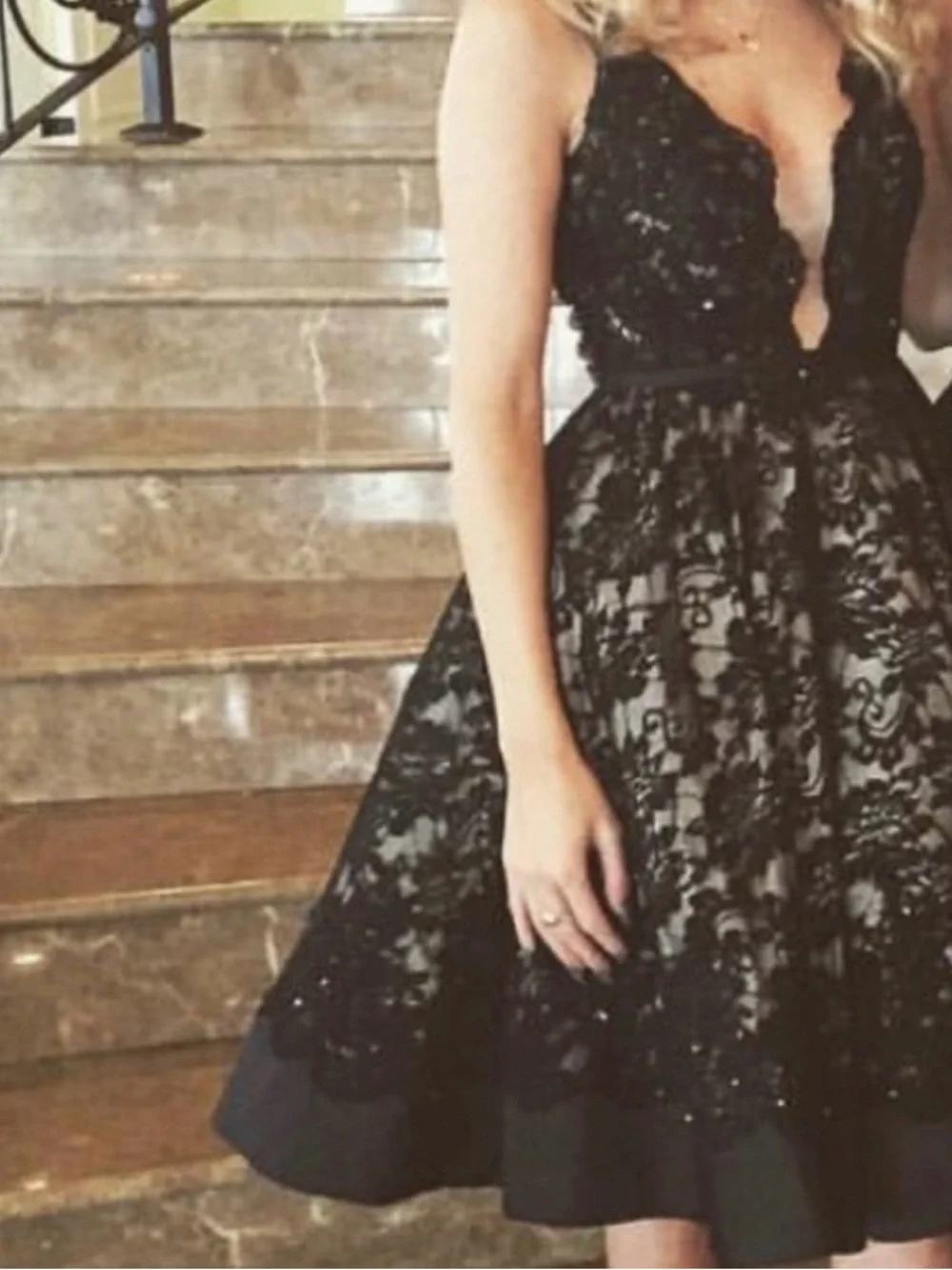 🔥Mac Duggal Black Lace Midi Dress with Nude Illusion Bodice - Picture 2 of 11